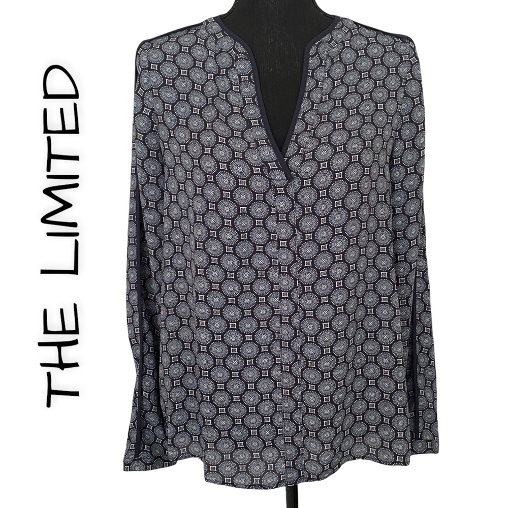 THE LIMITED Navy Patterned Blouse, Size Medium